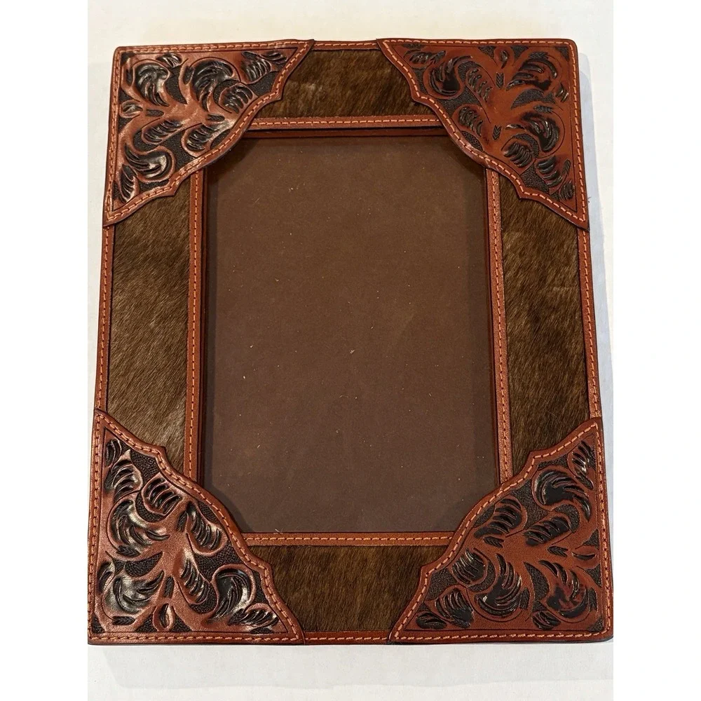3D Belt Co Leather Cowhide Western Tooled 4x6 Photo Frame Rustic